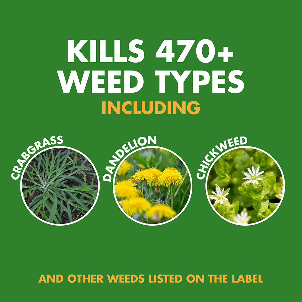 Kills by contact, 470+ weed types including crabgrass, dandelion and chickweed