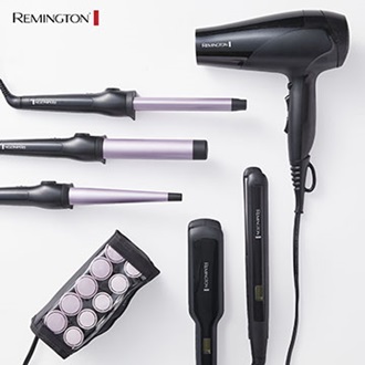 Remington haircare products including curling irons, flat irons, heated curlers, and a blow dryer.