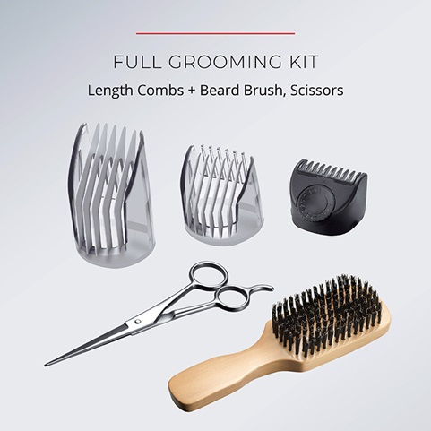 Full grooming kit includes length combs, scissors, and a beard brush.