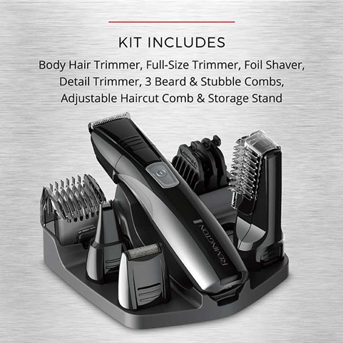 Kit Includes: Body hair trimmer, full-size trimmer, foil shaver, detail trimmer, 3 beard and stubble combs, adjustable haircut comb and storage stand
