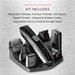 Kit Includes: Body hair trimmer, full-size trimmer, foil shaver, detail trimmer, 3 beard and stubble combs, adjustable haircut comb and storage stand