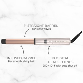 SHINE THERAPY™ Argan Oil & Keratin 1” Straight Barrel Curling Wand for loose waves. Infused barrel for smooth, shiny hair. 10 digital settings from 250 to 410 F with auto shutoff.