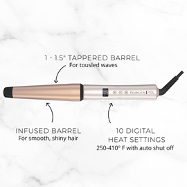 Curling wand has a 1-1.5 inch tapered barrel for touseled waves, an infused barrel for smooth, shiny hair, and 10 digital heat settings from 250 to 410 degrees F with auto shutoff.
