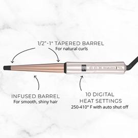 SHINE THERAPY™ Argan Oil & Keratin ½-1” Tapered Curling Wand. Infused barrel and 10 digital heat settings.