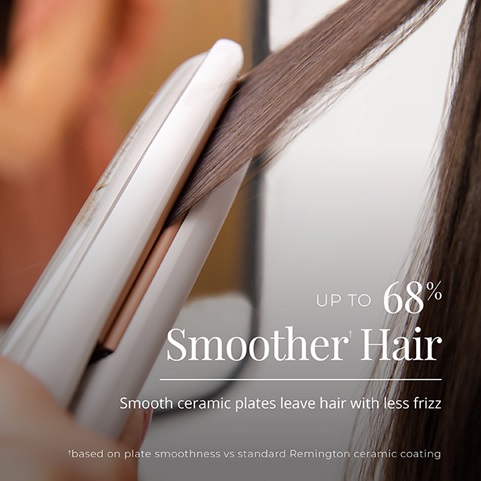 Up to 68% smoother hair based on plate smoothness vs standard Remington ceramic coating. Smooth ceramic plates leave hair with less frizz.