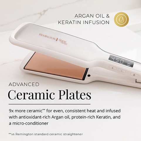 Advanced Ceramic Plates. 9X more ceramic for even consistent heat, infused with antioxidant-rich Argan oil, protein-rich Keratin, and a micro-conditioner.