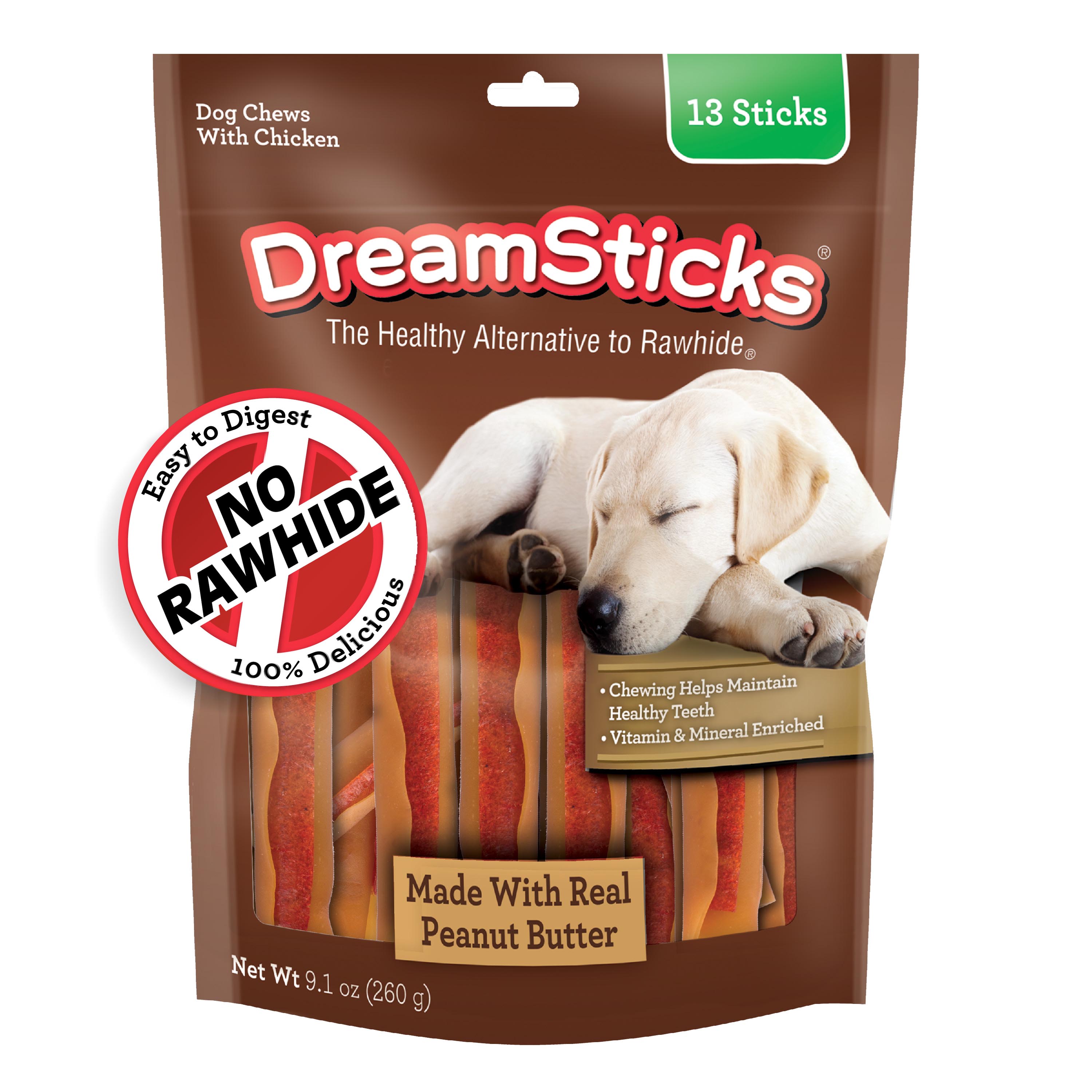Peanut Butter DreamSticks Rawhide Free Dog Chews Made with Real