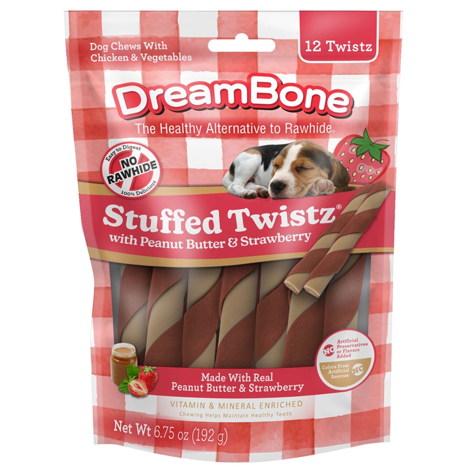 DreamBone Peanut Butter and Strawberry Stuffed Twists front of packaging