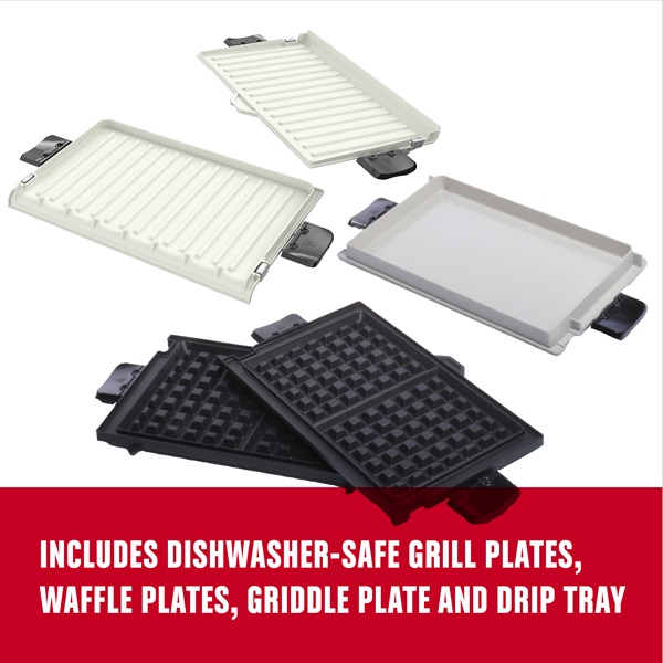 includes grill plates, waffle plates, griddle plate and drip tray