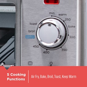 Five cooking functions including Air Fry, Bake, Broil, Toast, and Keep Warm.