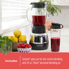 Includes cyclone® glass jar for fast vortex blending, and 24-oz. Tritan® personal blending jar.