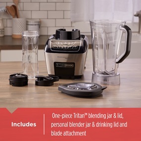 includes blending jar and lid, personal blender jar and drinking lid, and blade attachment