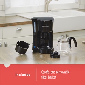Includes carafe and removable brew basket