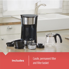 Includes Carafe, permanent filter and brew basket