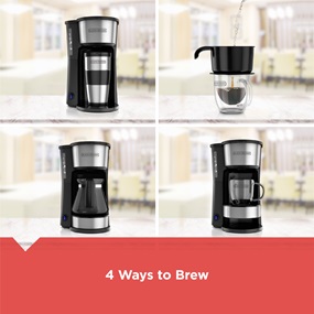 black and decker 5 in 1 coffee maker showing all 4 ways to brew cm0755s