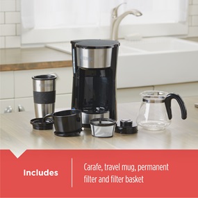 Includes carafe, travel mug, permanent filter and filter basket