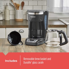 Includes removable brew basket and Duralife® glass carafe
