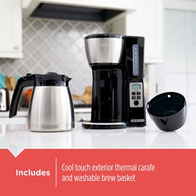 Inclues cool touch exterior thermal carafe and washable brew basket.