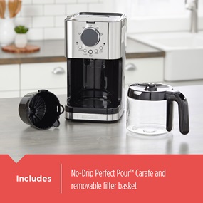 Includes - No drip perfect pour™ carafe and removable filter basket