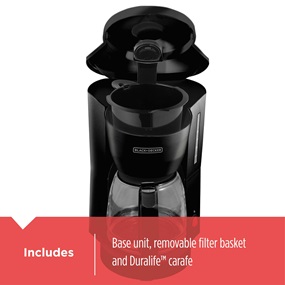 includes glass carafe and removable filter basket dcm600b