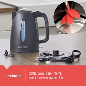 Includes Kettle, swivel base, internal water level window and filter