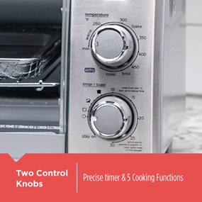 Two control knobs: pricise timer and 5 cooking functions.