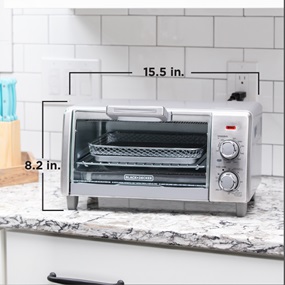 Air fry toaster oven is 15.5 inches wide and 8.2 inches high.