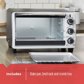 Includes bake pan, broil rack and crumb tray