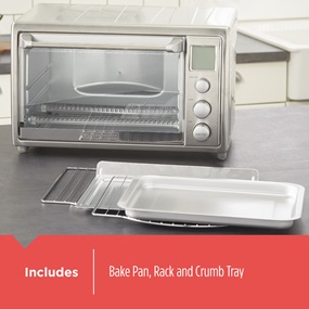 Includes bake pan, rack and crumb tray