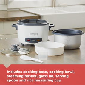 includes cooking base, cooking bowl, steaming basket, glass lid, serving spoon, and measuring cup
