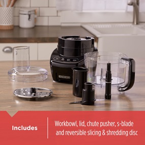 Includes workbowl, lid, chute pusher, s-blade and reversible slicing and shredding disc