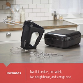 Easy Storage Hand Mixer includes two wire beaters, one whisk, two dough hooks, and a storage case - MX3200B