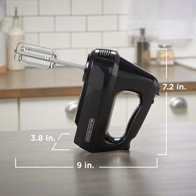 Easy Storage Hand Mixer is 7.2 inches long, 3.8 inches wide, and 9 inches tall with beaters - MX3200B