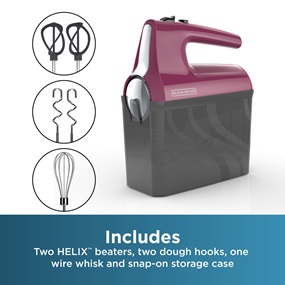 Includes 2 HELIX beaters, 2 dough hooks, 1 wire whisk, and snap-on storage case.