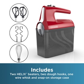 Includes 2 HELIX beaters, 2 dough hooks, 1 wire whisk, and snap-on storage case.
