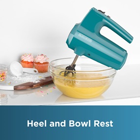 Mixer features heel and bowl rest.