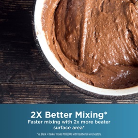 Get faster mixing with 2X more beater surface area.