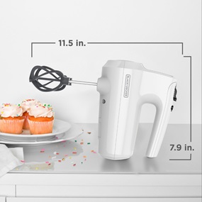 5-Speed Hand Mixer is 7.9 inches long and 11.5 inches high with beaters attached.