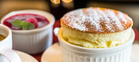 Lemon Souffle with Raspberry Coulis.