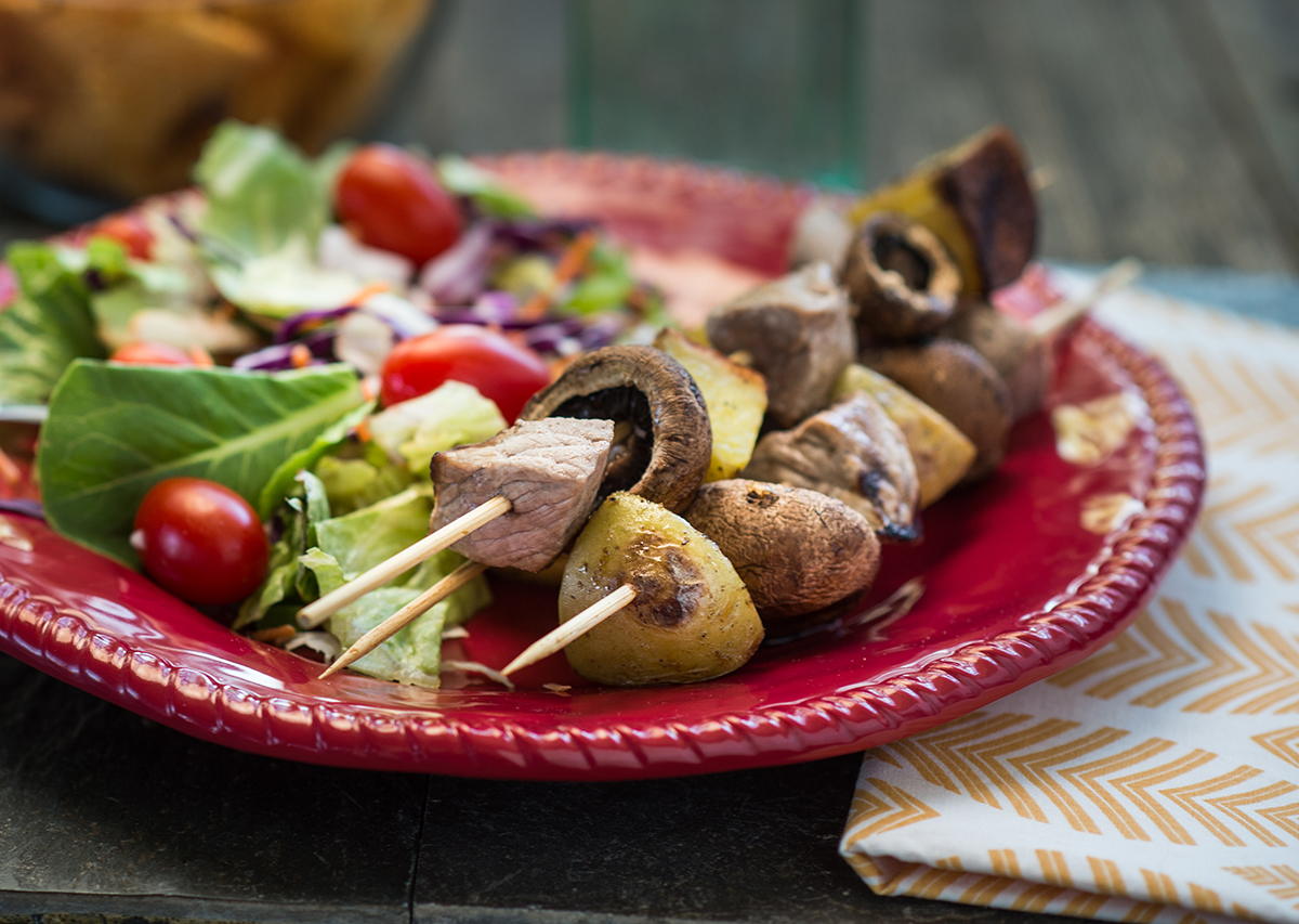Steak and Mushroom Kabobs with New Potatoes