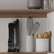 Compact design, vertical storage.