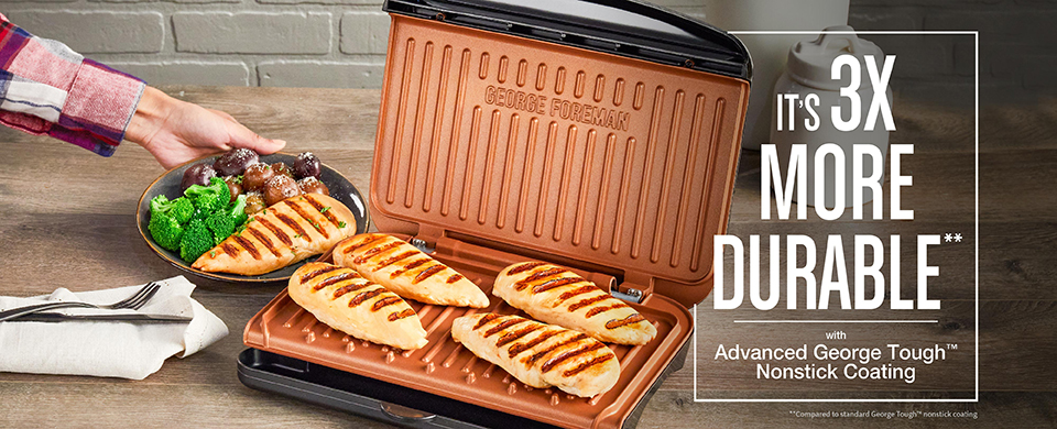 5-Serving Classic Plate Electric Indoor Grill and Panini Press surface is 3X more durable - GRS075BC