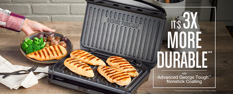 5-Serving Classic Plate Electric Indoor Grill and Panini Press surface is 3X more durable - GRS075B