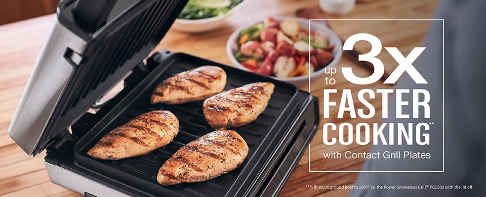 Contact grill plates provide up to 3x faster cooking (1/4 lb 80/20 ground beef to 160 degrees F vs. the Power Smokeless Grill PG1500 with the lid off).