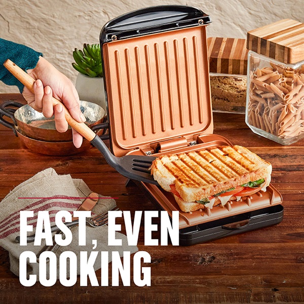 2-Serving Classic Plate Electric Indoor Grill and Panini Press - Black with  Copper Plates