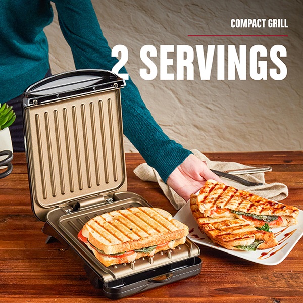 2-Serving Classic Plate Electric Indoor Grill and Panini Press - Black with  Bronze Plates