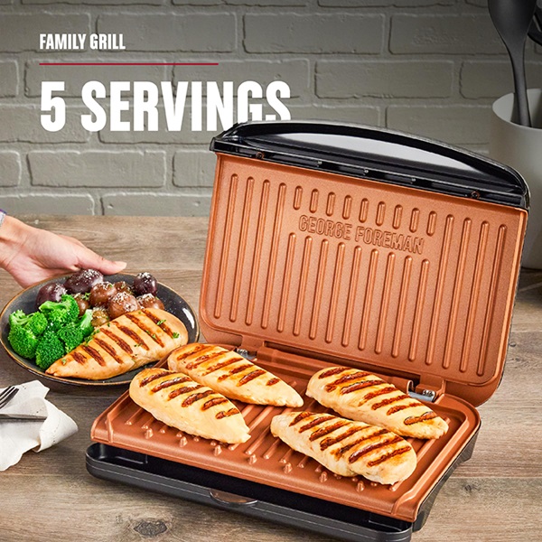 5-Serving Classic Plate Electric Indoor Grill and Panini Press, Black with Copper Plates - GRS075BC