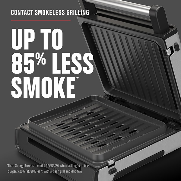 Contact smokeless grilling provides up to 85% less smoke than George Foreman model RPGD3994 when grilling 1/4 lb beef burgers (20% fat, 80% lean) with a clean grill and drip tray.