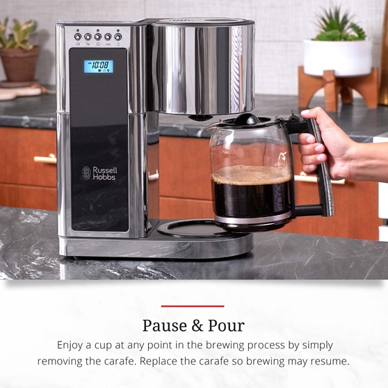 Stainless Steel 8-Cup Coffeemaker | Black Glass Accent | pause and pour