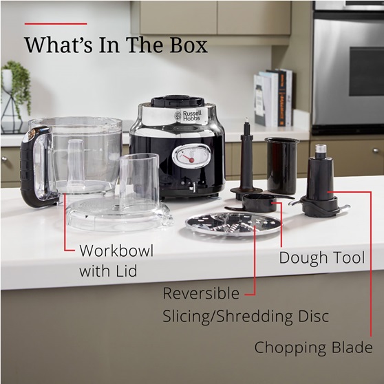What's in the Box = Workbowl with lid, reversible slicing/shredding disc, dough tool, chopping blade